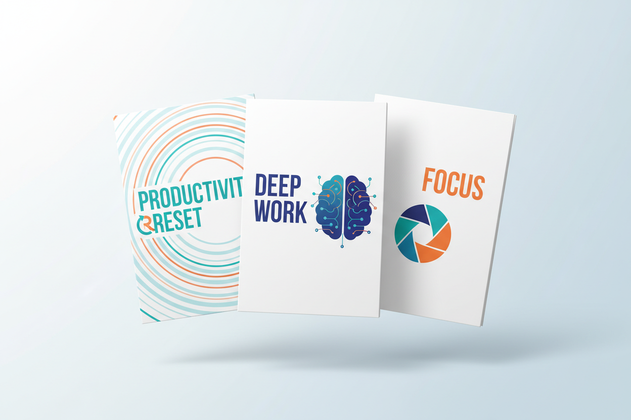 create me a photo for a bundle product of 3 separate digital pdf programs that are about productivity resets, deep work, focus
